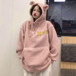 Ear Accent Letter Embroidered Hoodie