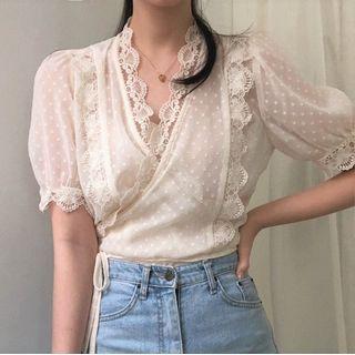 Short-sleeve Lace Wrap Blouse