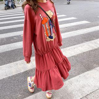 Bear Print Tiered A-line Midi Pullover Dress