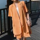 Set: Elbow-sleeve Single-breasted Blazer + A-line Skirt