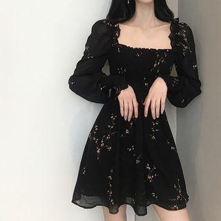 Long-sleeve Chiffon A-line Mini Dress Black - One Size