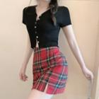 Short-sleeve Buttoned Knit Top / Plaid Mini Skirt