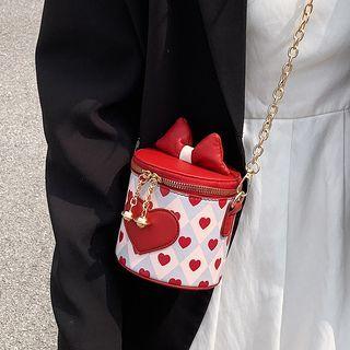 Heart Print Faux Leather Bucket Crossbody Bag Red - One Size