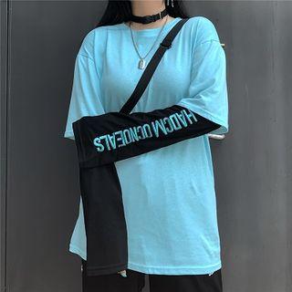 Mock Two-piece Letter Embroidered Long-sleeve T-shirt Aqua Blue - One Size