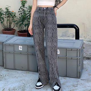 Slit Snake-print Wide Leg Jeans