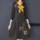 Flower Embroidered Striped 3/4-sleeve A-line Dress