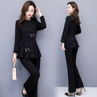 Set: Butterfly Long-sleeve Blouse + Slit-hem Boot-cut Pants