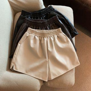 High-waist Plain Faux Leather Wide Leg Split Shorts