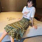 Elbow-sleeve Dog Printed T-shirt / High-waist Plaid Ruched Long Skirt