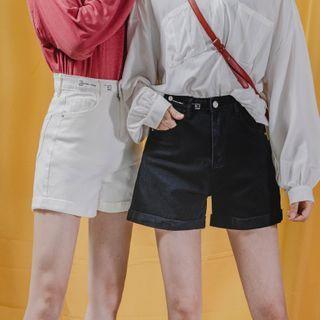 Printed High-waist Rolled Denim Shorts