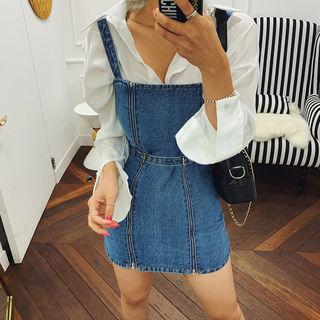 Zip-detail Belted Denim Suspender Minidress Blue - One Size