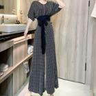 Set: Short-sleeve Striped Tie-waist Top + Wide Leg Pants