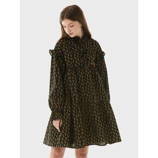 Frilled-neck Beribboned Floral Tiered Dress Black - One Size