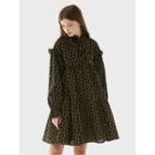 Frilled-neck Beribboned Floral Tiered Dress Black - One Size