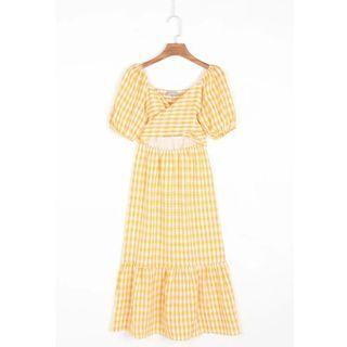 Short-sleeve Wrap Gingham Midi A-line Dress