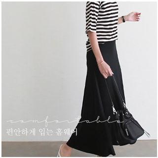Set: Round-neck Striped Top + Band-waist Flare Skirt