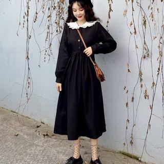 Long-sleeve Collared Midi Dress Dress - Black - One Size