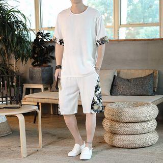 Set: Elbow-sleeve Printed Panel T-shirt + Shorts