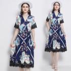 V-neck Lace Panel Print Midi A-line Dress