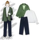 Plaid Blazer / Straight-cut Jeans / Flared-cuff Blouse