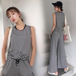 Set : Striped Tank Top + Tie-waist Wide Leg Pants