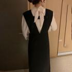 Bow-accent Long-sleeve Shirt + V-neck Cut-out Pinafore Dress