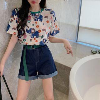 Cartoon-print T-shirt / Stitched Wide-leg Denim Shorts With Belt
