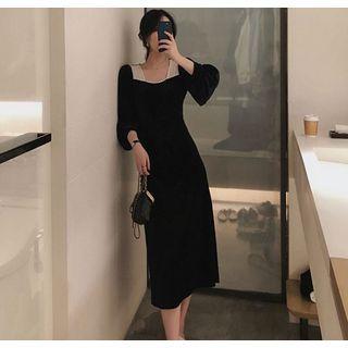 Square Neck Lace Panel Velvet Midi Dress