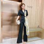 Set: Short-sleeve Print Panel Blazer + Wide Leg Pants