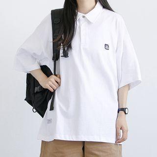 Embroidered Lapel Oversized Plain T-shirt