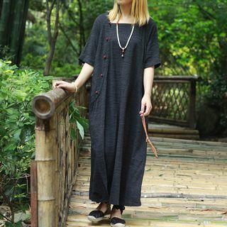 Buttoned Elbow Sleeve Linen Dress Black - One Size