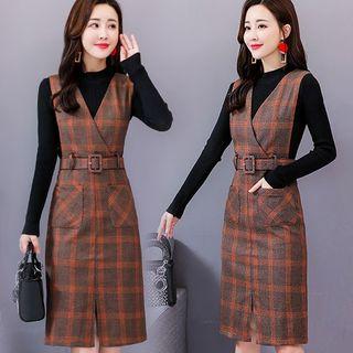 Set: Long Sleeve Knit Top + V-neck Pinafore Dress
