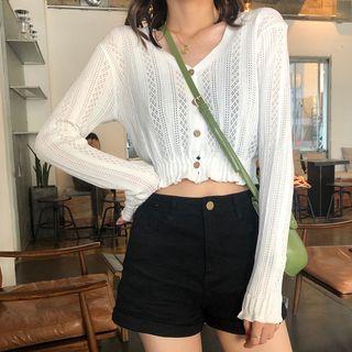 Long-sleeve Buttoned Perforated Knit Top