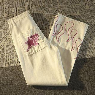Fire Embroidered Wide Leg Jeans