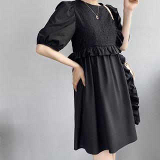 Short-sleeve Frill Trim Dress Black - One Size