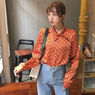 Long-sleeve Tie-neck Dotted Shirt