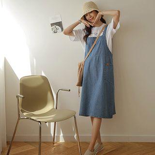 Patch-pocket Long Denim Overall Dress
