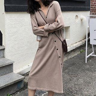 Long-sleeve Asymmetric Buttoned Midi Dress