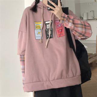 Mock Two-piece Plaid Panel Cartoon Print Hoodie Pink - One Size