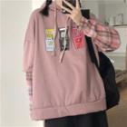 Mock Two-piece Plaid Panel Cartoon Print Hoodie Pink - One Size