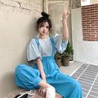 Puff-sleeve Floral Print Top / Wide Leg Suspender Pants