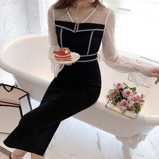 Mesh Panel Contrast Trim Long-sleeve Midi Sheath Dress