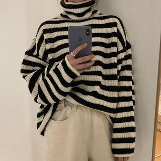 Turtle-neck Striped Sweater Stripes - Black & Almond - One Size