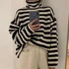 Turtle-neck Striped Sweater Stripes - Black & Almond - One Size