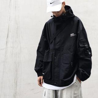Letter Print Cargo Hooded Jacket