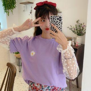 Mesh Panel Long-sleeve Daisy Printed Top