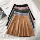 Plain High-waist Faux Suede Pleated Skirt