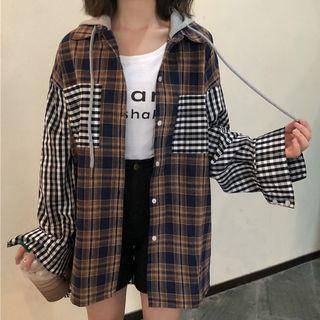 Plaid Dip Back Hooded Shirt