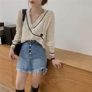 Contrast Trim Crisscross Plain Knit Top As Shown In Figure - One Size