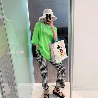 Band-waist Gingham Straight-cut Pants